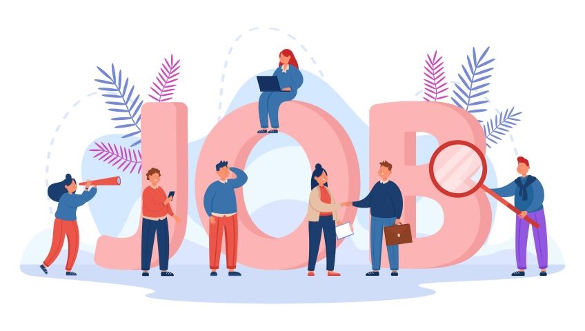 cartoon people standing in front of the word 'job'