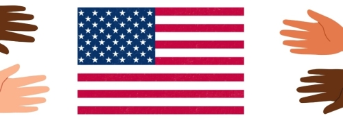 The Plaza Branch is hosting a series exploring the lives, challenges, and triumphs of those arriving in the U.S., symbolized here with an American flag and hands of many hues.