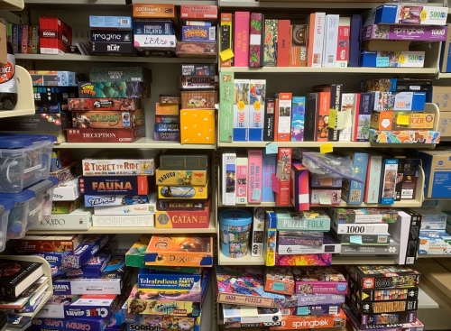 The Plaza Branch's stash of puzzles on display.