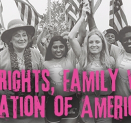 women marching with flags