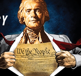 Jefferson statue opening shirt like superman to reveal Constitution