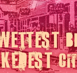 red and pink stamped city scene