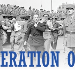black and white photo of uniformed men in street
