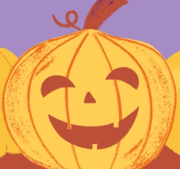 illustrations of pumpkins, fall leaves, and mug