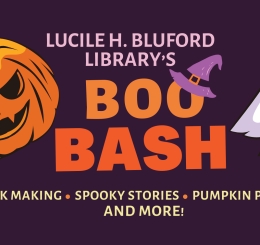 illustrations of bats, ghost, and Jack-o'-lantern