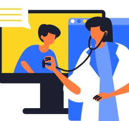 graphic of doctor using stethoscope on patient through a monitor