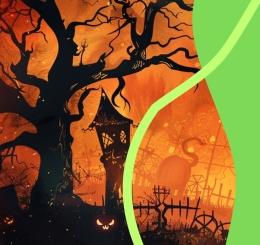 silhouettes of spooky trees and house with orange background