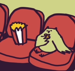 illustrated owl eating popcorn in theater seating