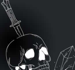 illustrations of gemstones, skulls, and messages in bottles
