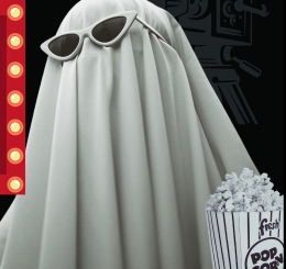 black and white ghost with glasses and popcorn