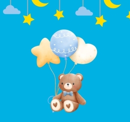 illustration of hanging moons, stars, and clouds and bear with balloons