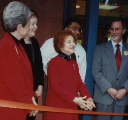 Irene Ruiz at the ribbon cutting of the Ruiz Branch in 2001.