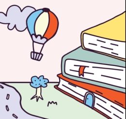 illustrations of road, pond, tree, art easel, books, and hot air balloon