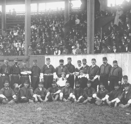 Unidentified Kansas City baseball team with dozens of fans seated in the grandstand, ca. 1880s. Photo: Missouri Valley Special Collections