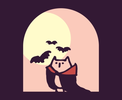 illustrated owl dressed as vampire with bats flying in open window with full moon