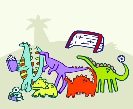 illustrated "dinosaurs" with soccer balls and books near a soccer goal