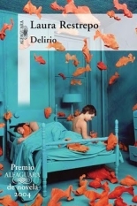 A teal hued bedroom with two people in a bed with orange koi fish falling around them.