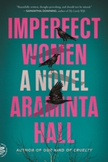 The cover of Imperfect Women is teal background with pink font and three crows throughout the lettering