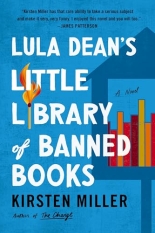 A blue hued color of a little free library with red, orange, and yellow spines. The "I" in Library is a lit match