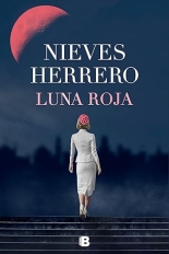 A woman's back as she walks up the stairs, a red moon is on the top left