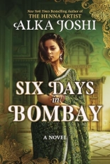 The design features a stylized, artistic illustration of a woman with dark hair looking over her shoulder, set against a vibrant, warm-toned backdrop of 1930s Bombay architecture.