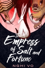 The cover art for The Empress of Salt and Fortune by Nghi Vo, illustrated by Alyssa Winans, features a rabbit with red markings resting directly between the massive tusks of a war mammoth. The design utilizes a bold color palette of deep reds, soft pinks, and gold elements, evoking classic Asian period drama aesthetics