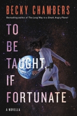 A brown haired woman in a full white one piece suit floats in space with no helmet. A planet is in the far off background.