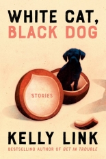A painting of a black dog, possible a young black lab, that sits in the skin of a half of pomegranate an empty pom