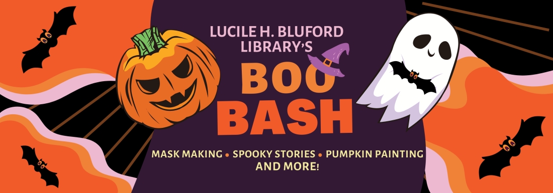 illustrations of bats, ghost, and Jack-o'-lantern