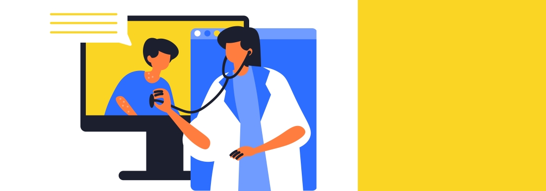 graphic of doctor using stethoscope on patient through a monitor