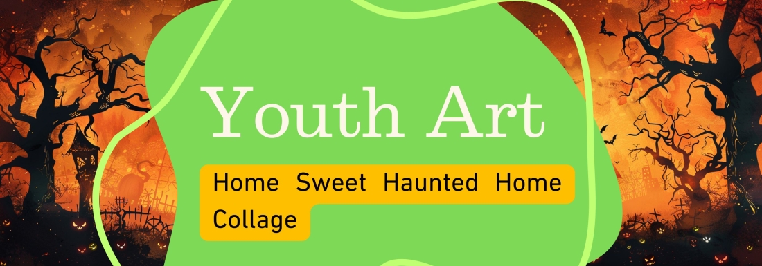 silhouettes of spooky trees and house with orange background