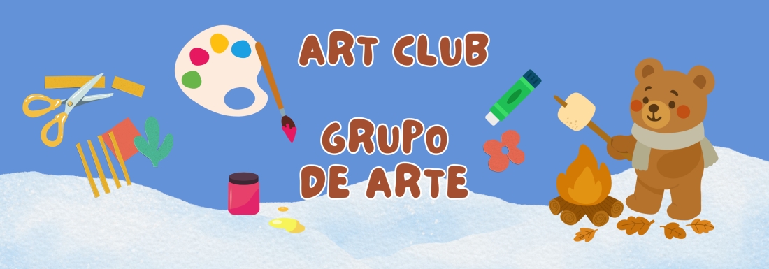 illustration of art supplies and bear roasting marshmallow