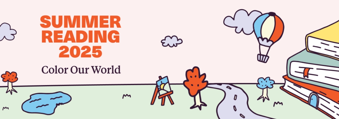 illustrations of road, pond, tree, art easel, books, and hot air balloon