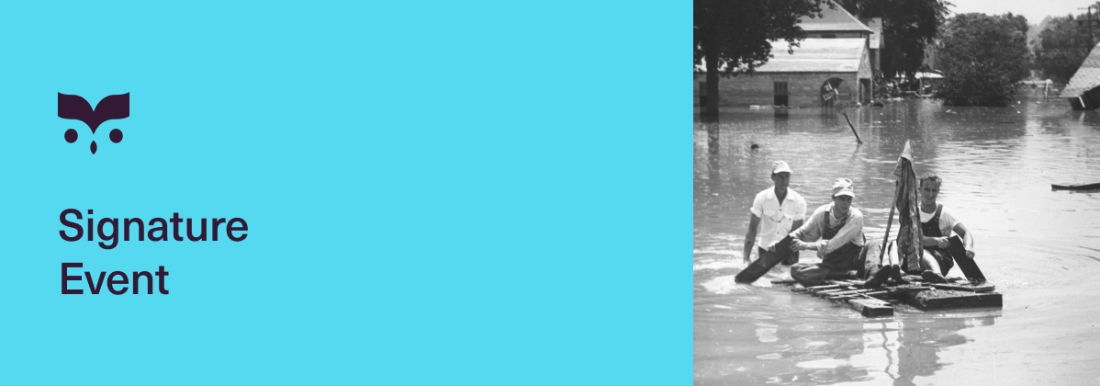 Signature event : Black and white photo of two men on a raft