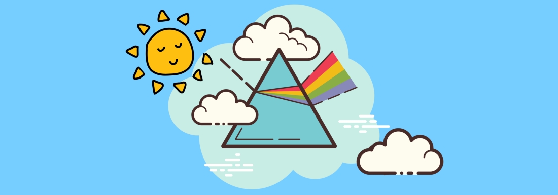 illustration of sun and glass pyramid with light reflected in rainbow