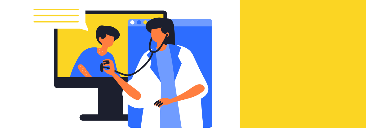 graphic of doctor using stethoscope on patient through a monitor