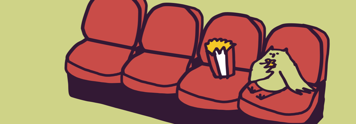illustrated owl eating popcorn in theater seating