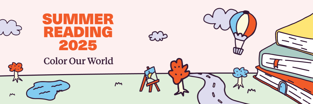 illustrations of road, pond, tree, art easel, books, and hot air balloon