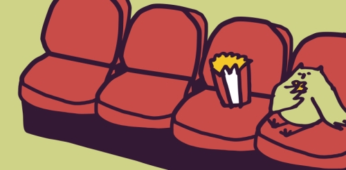 illustrated owl eating popcorn in theater seating
