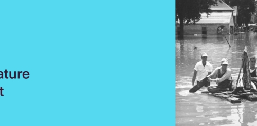 Signature event : Black and white photo of two men on a raft